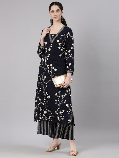 Neerus Navy Blue Straight Casual Floral Kurta and Plazzo