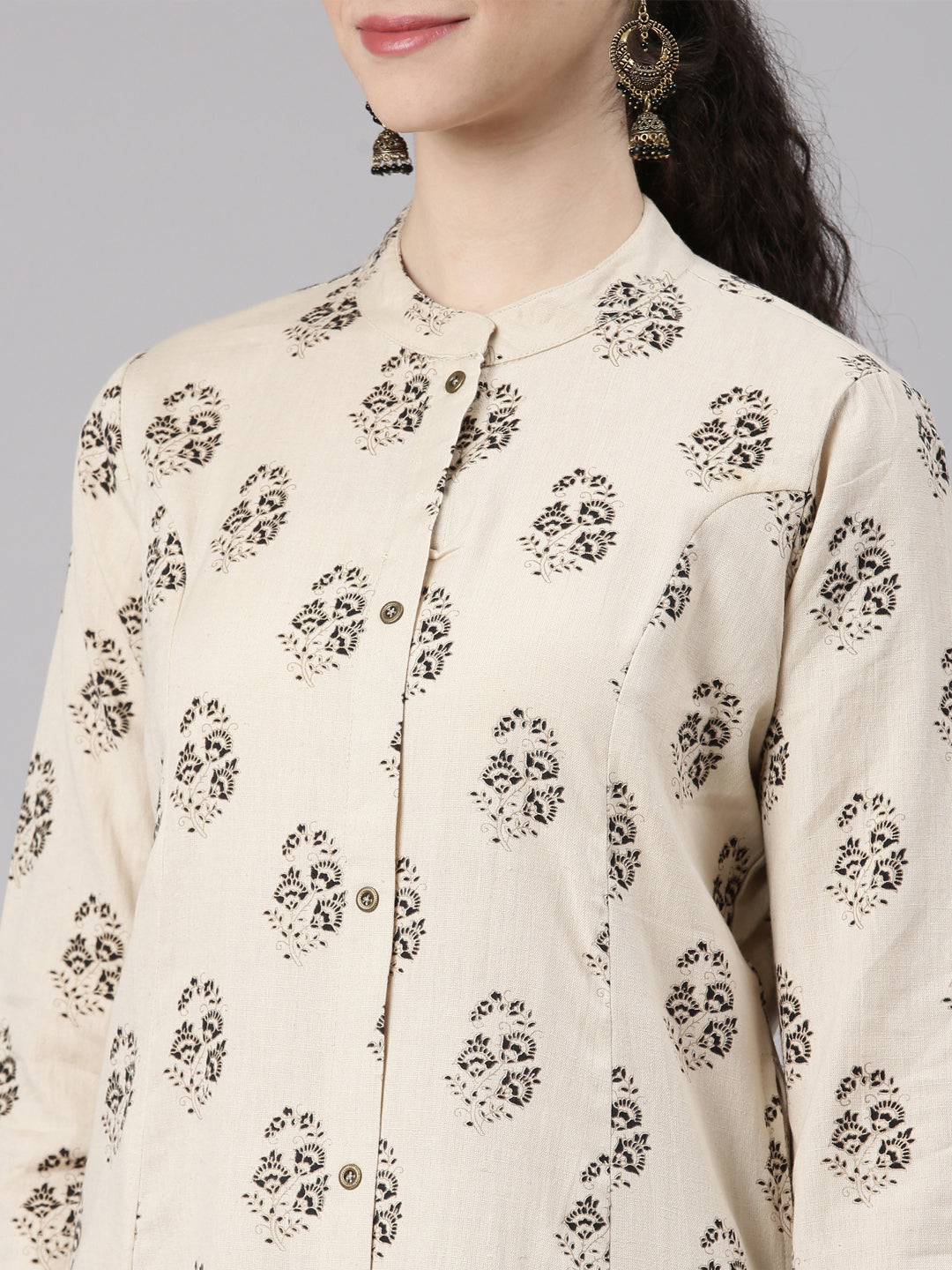 Neerus Beige Straight Casual Floral Kurta and Trouser