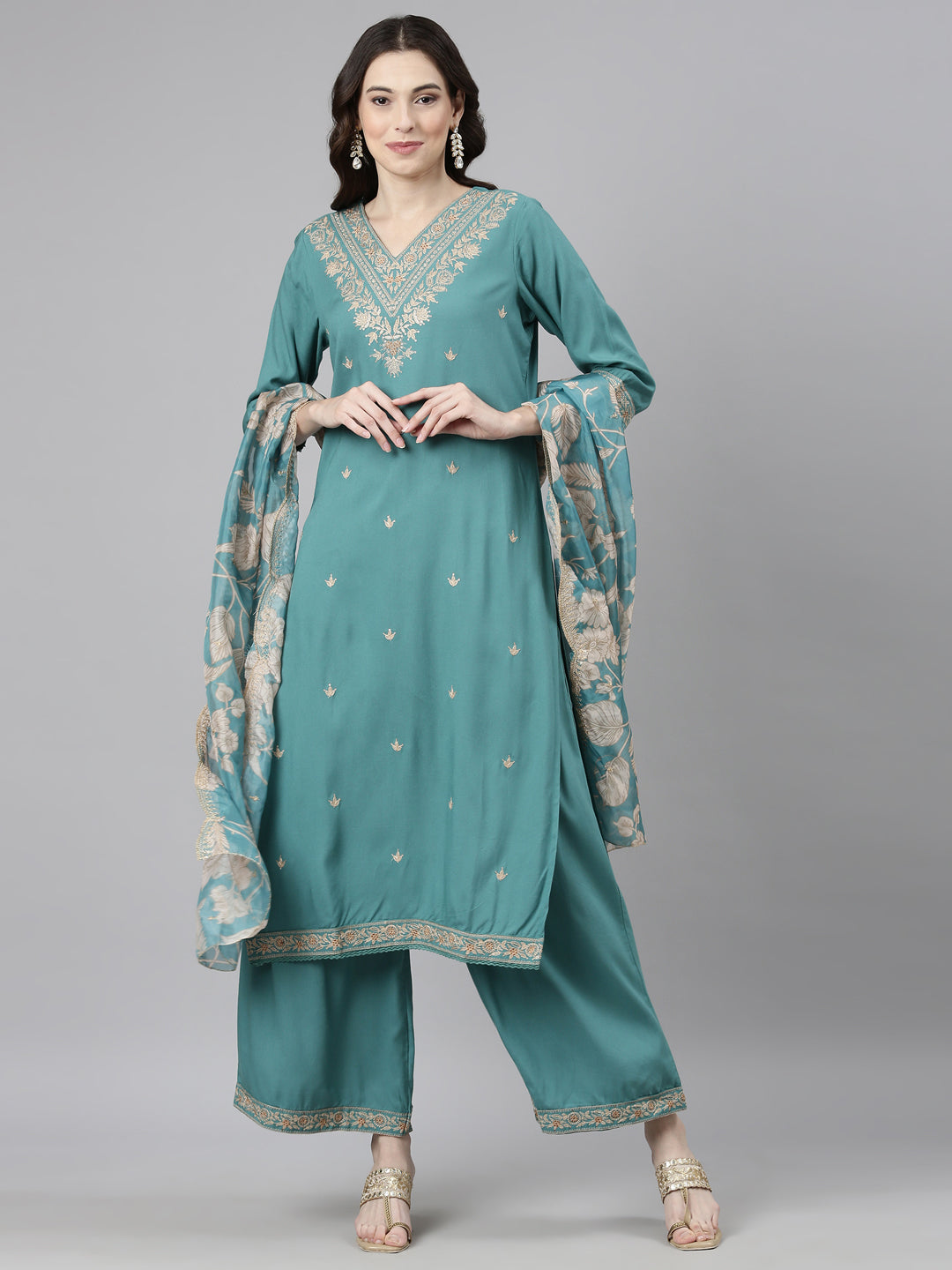 Neerus Green Casual Ethnic Motifs Straight Kurta and Palazzos With Dupatta