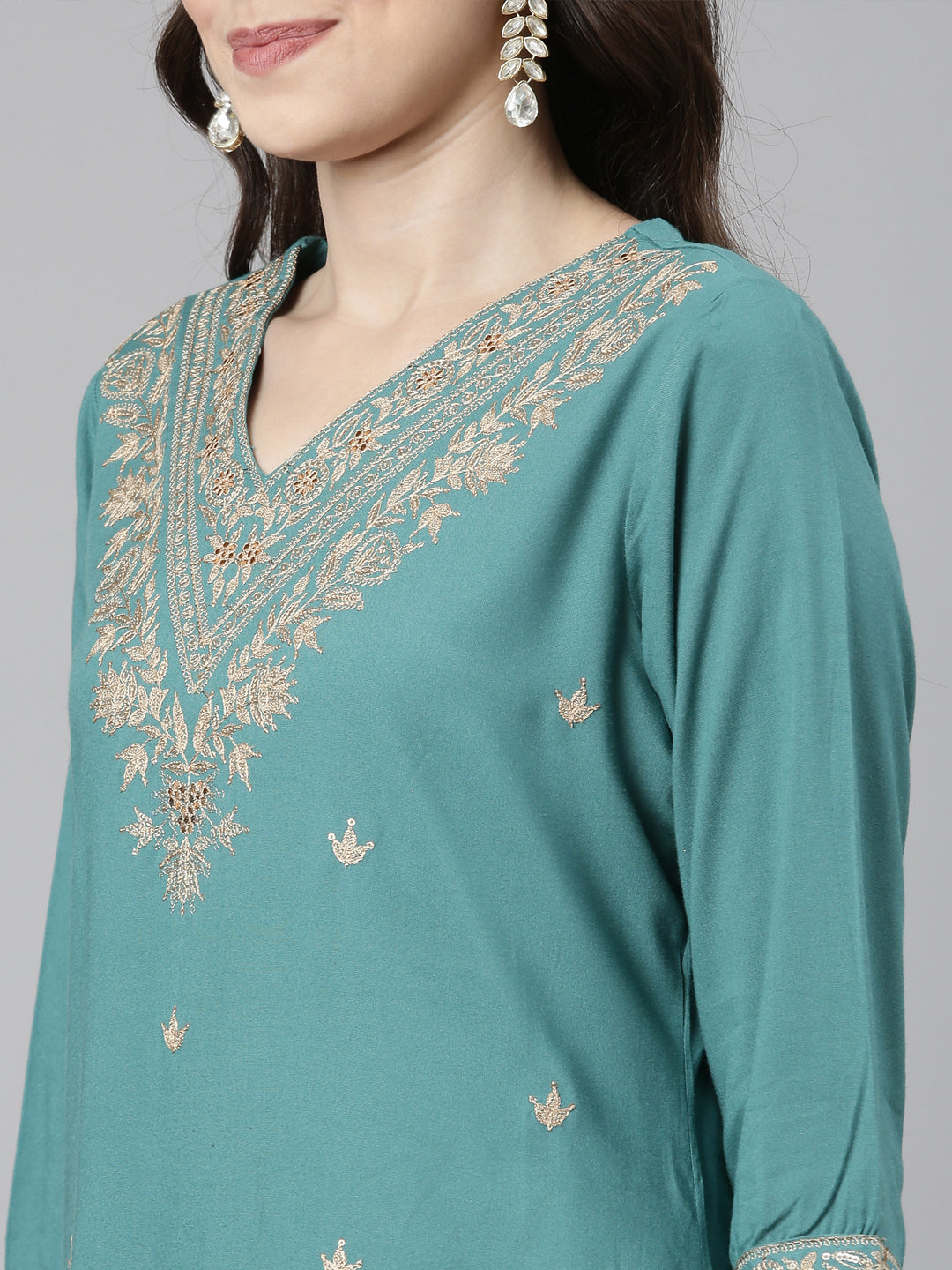 Neerus Green Casual Ethnic Motifs Straight Kurta and Palazzos With Dupatta