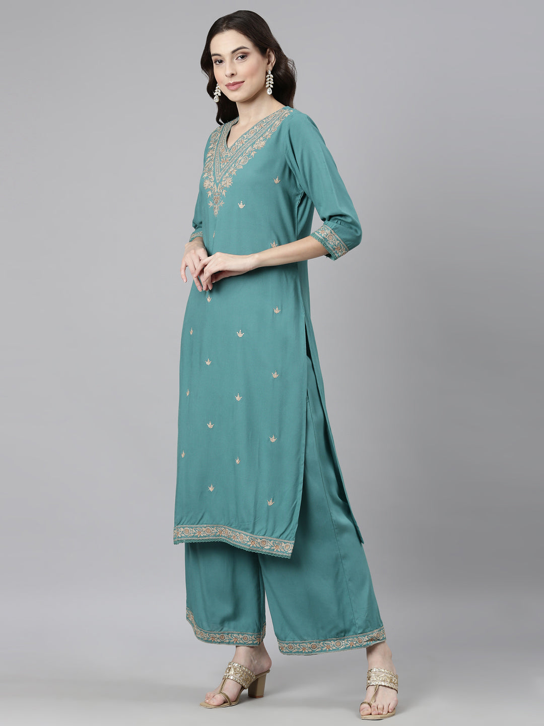 Neerus Green Casual Ethnic Motifs Straight Kurta and Palazzos With Dupatta