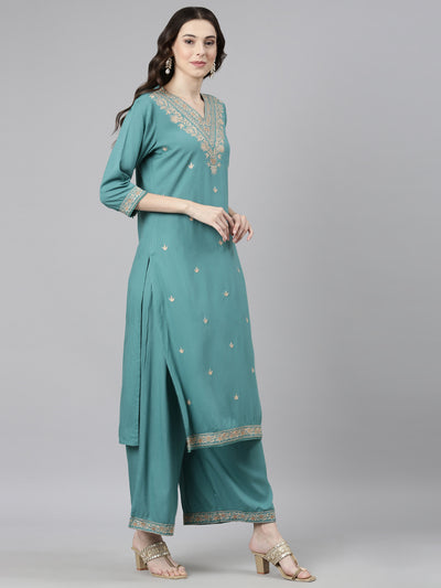 Neerus Green Casual Ethnic Motifs Straight Kurta and Palazzos With Dupatta