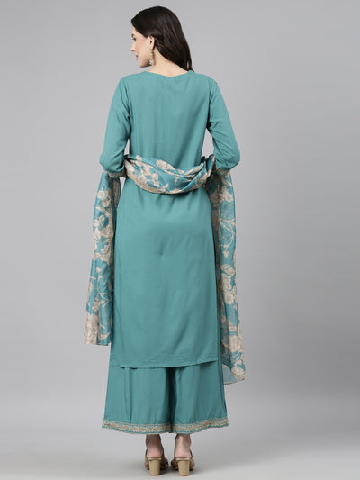 Neerus Green Casual Ethnic Motifs Straight Kurta and Palazzos With Dupatta