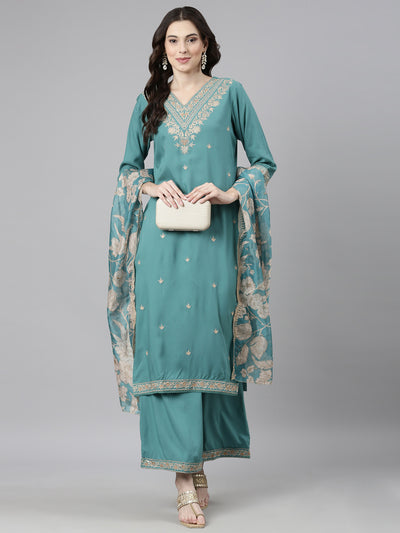 Neerus Green Casual Ethnic Motifs Straight Kurta and Palazzos With Dupatta