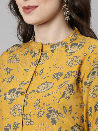 Neerus Mustard Casual Floral Straight Kurta and Trousers