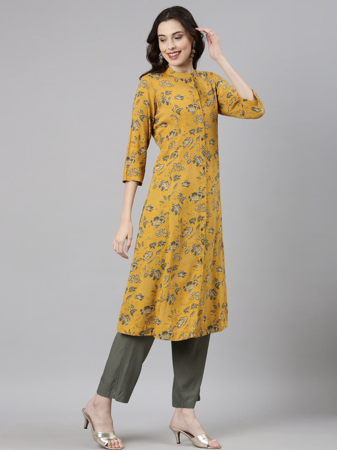 Neerus Mustard Casual Floral Straight Kurta and Trousers