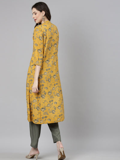 Neerus Mustard Casual Floral Straight Kurta and Trousers