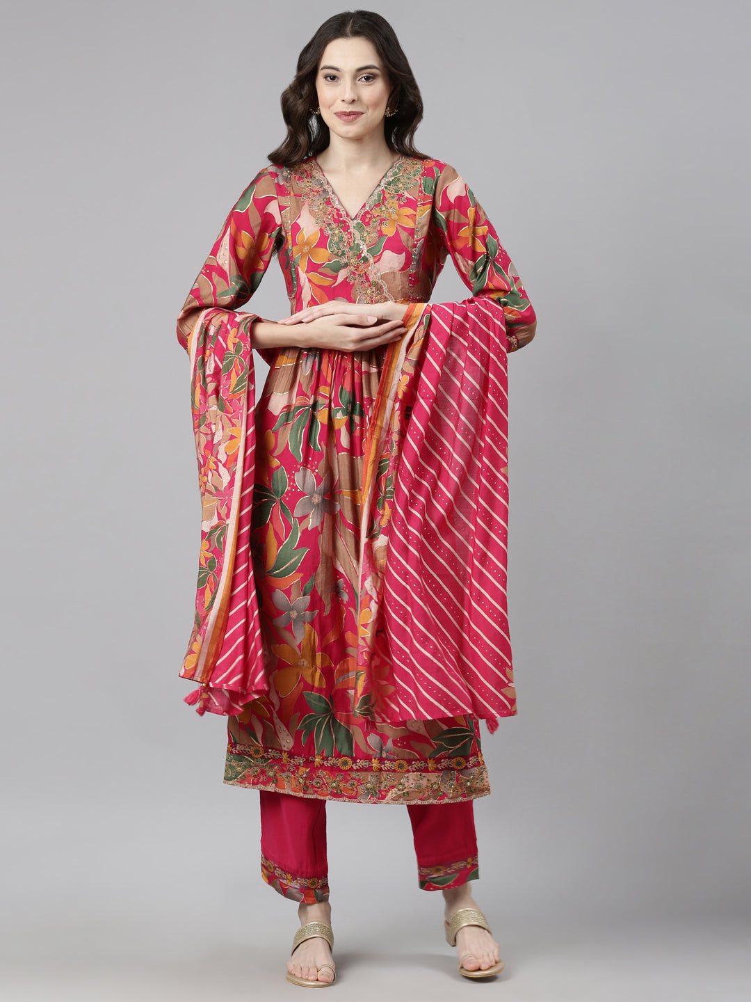 Neerus Pink Casual Floral Anarkali Kurta and Trousers With Dupatta