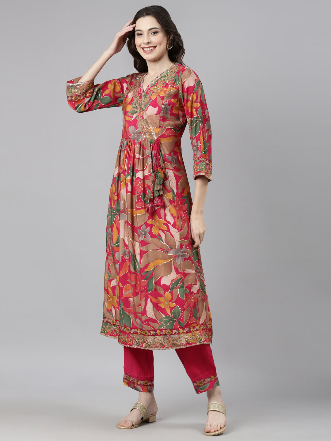 Neerus Pink Casual Floral Anarkali Kurta and Trousers With Dupatta