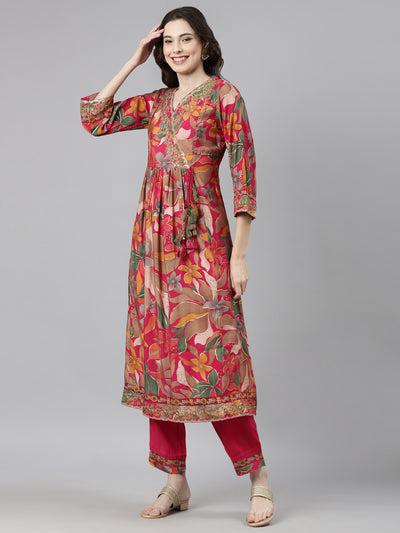 Neerus Pink Casual Floral Anarkali Kurta and Trousers With Dupatta