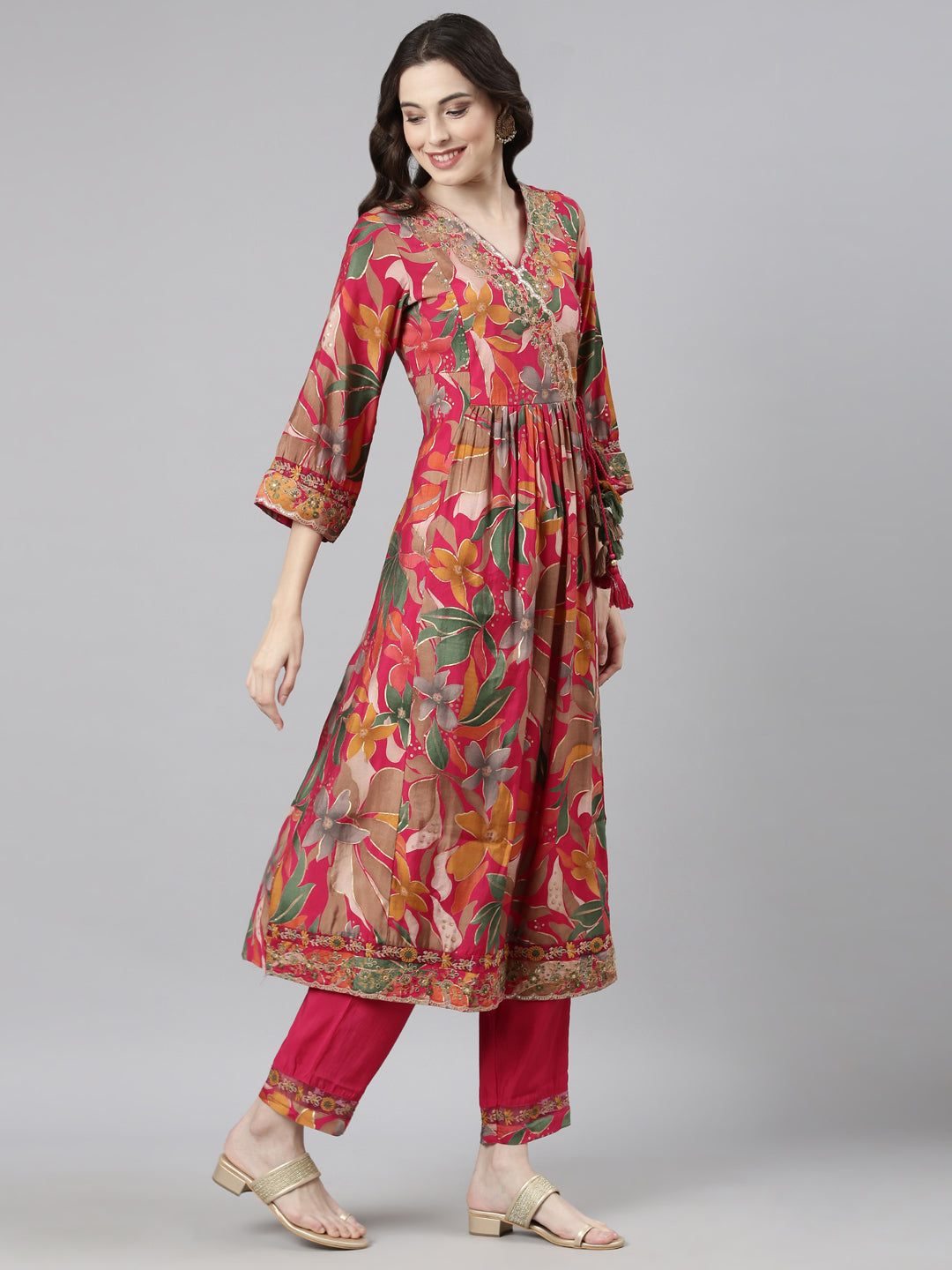 Neerus Pink Casual Floral Anarkali Kurta and Trousers With Dupatta