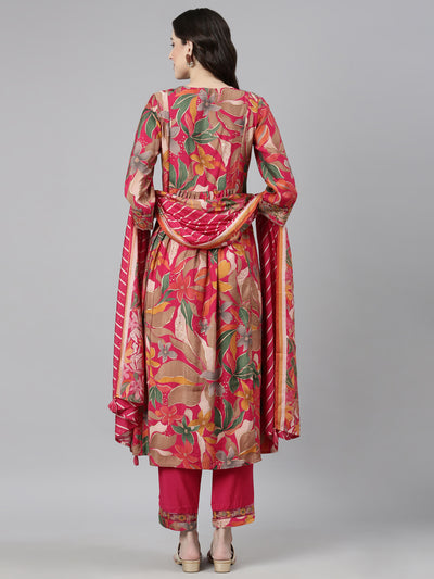 Neerus Pink Casual Floral Anarkali Kurta and Trousers With Dupatta