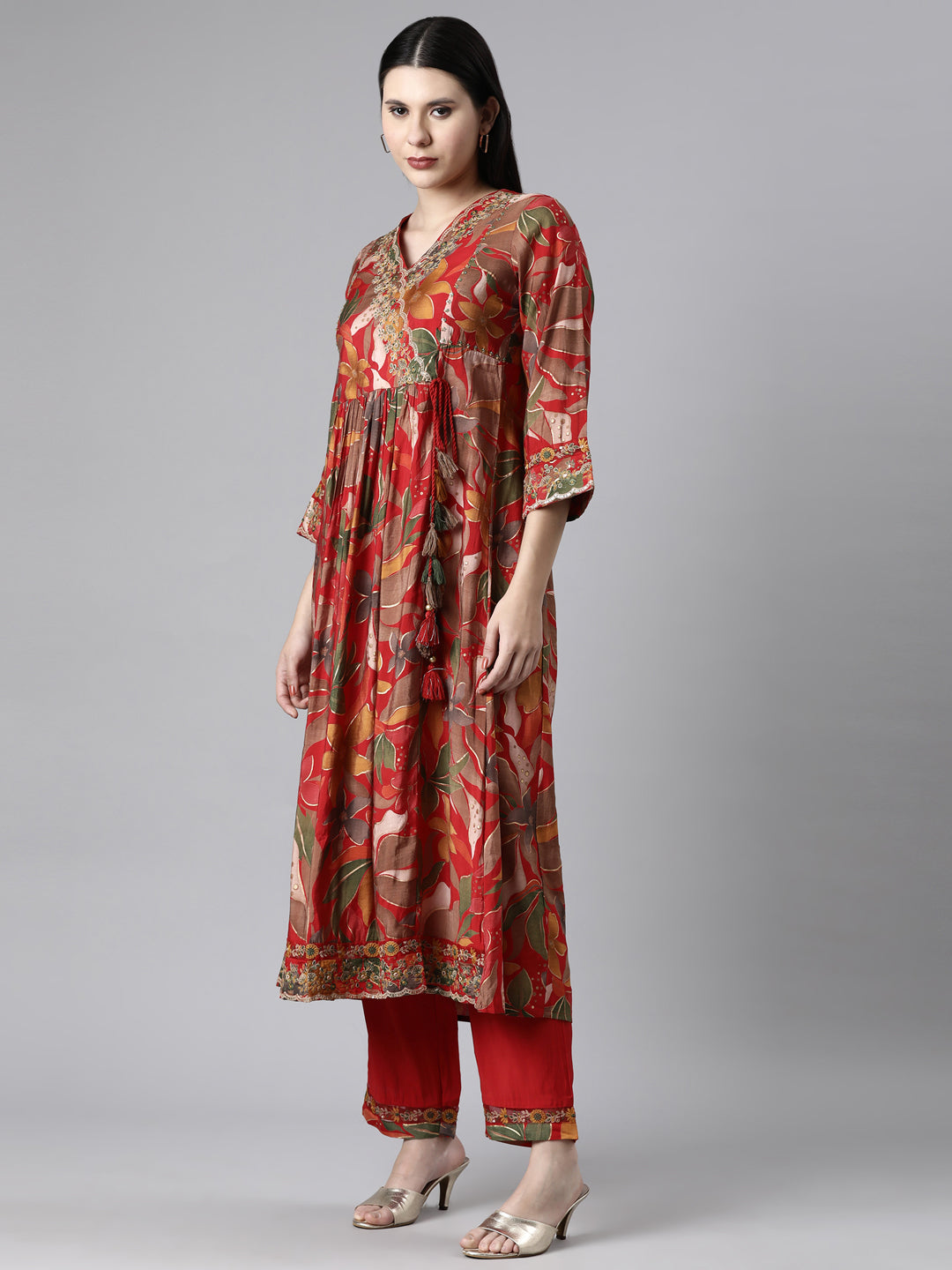 Neerus Red Casual Floral Anarkali Kurta and Trousers With Dupatta