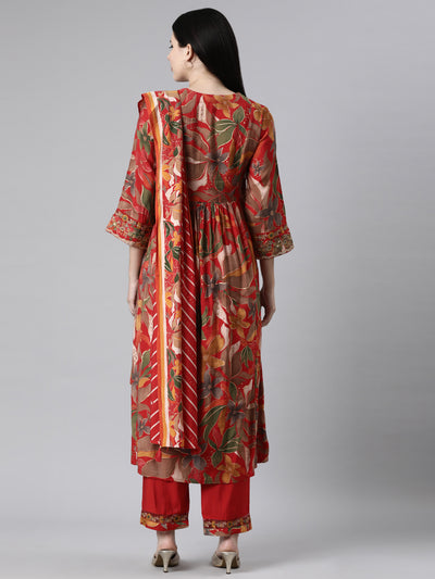 Neerus Red Casual Floral Anarkali Kurta and Trousers With Dupatta