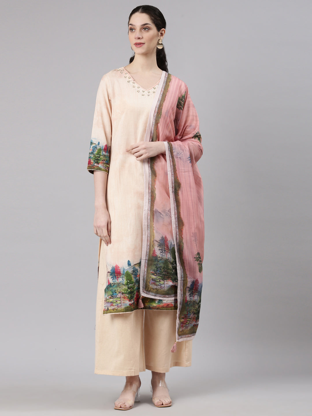 Neerus Cream Straight Casual Solid Kurta and Plazzo with Dupatta