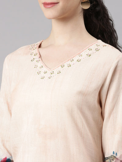 Neerus Cream Straight Casual Solid Kurta and Plazzo with Dupatta