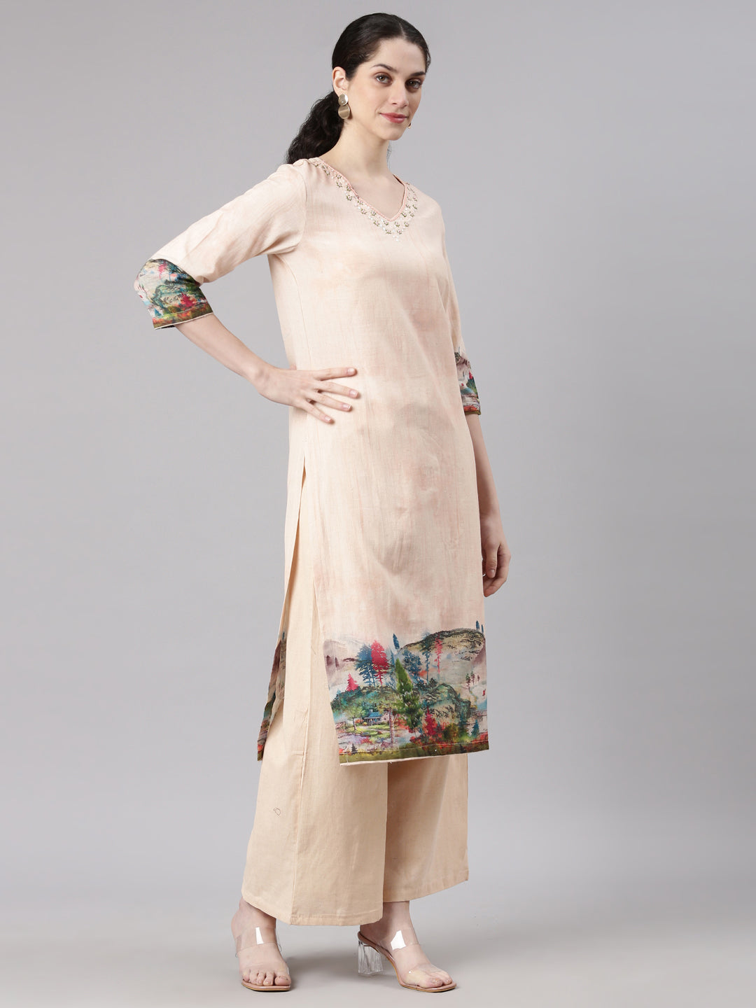 Neerus Cream Straight Casual Solid Kurta and Plazzo with Dupatta