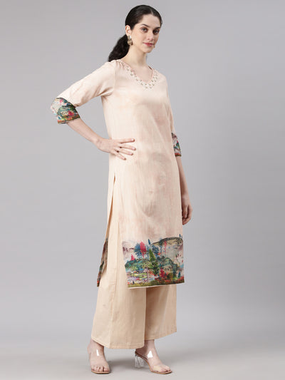 Neerus Cream Straight Casual Solid Kurta and Plazzo with Dupatta