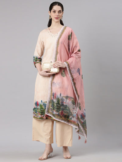 Neerus Cream Straight Casual Solid Kurta and Plazzo with Dupatta