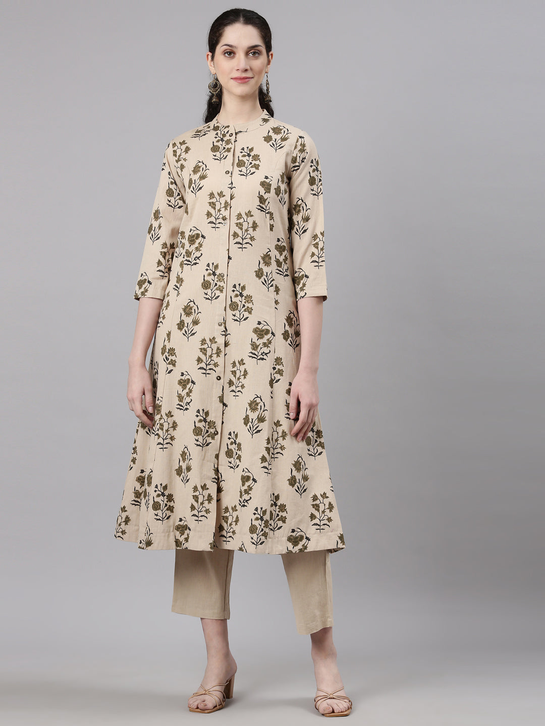 Neerus Beige Straight Casual Floral Kurta and Trouser