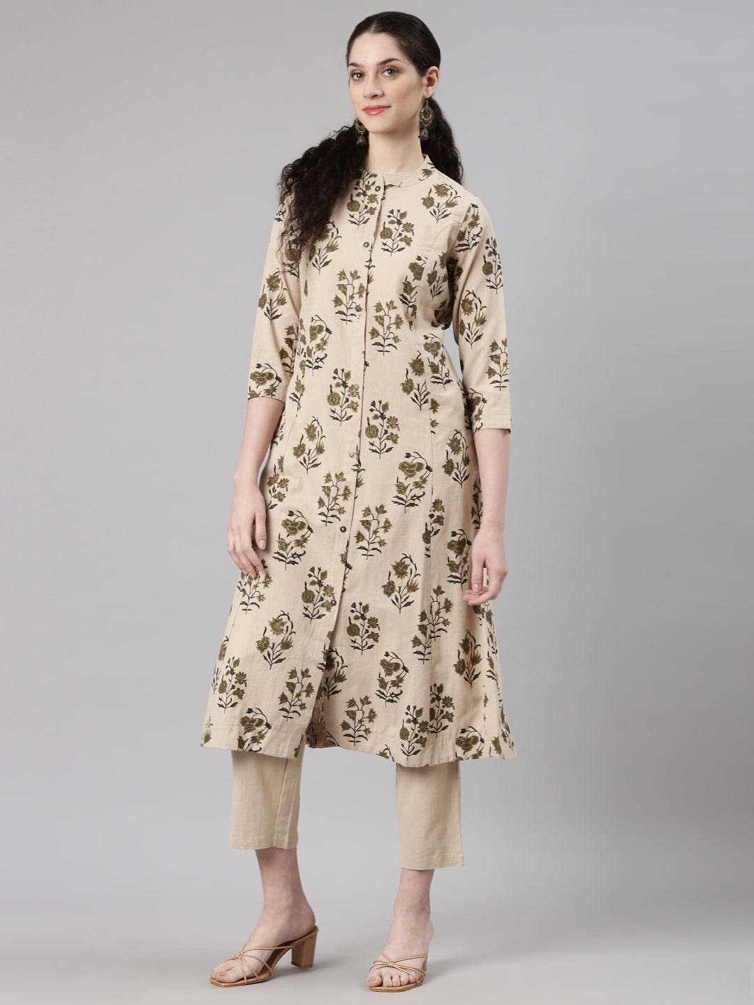 Neerus Beige Straight Casual Floral Kurta and Trouser