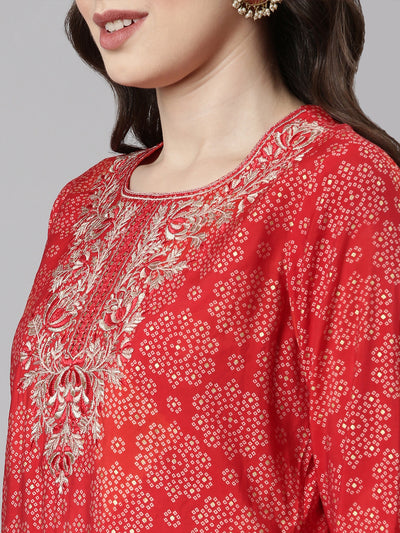 Neerus Red Casual Bandhani Straight Kurti and Palazzos With Dupatta