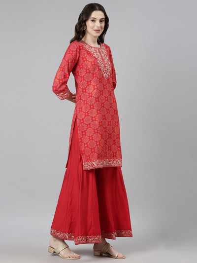 Neerus Red Casual Bandhani Straight Kurti and Palazzos With Dupatta