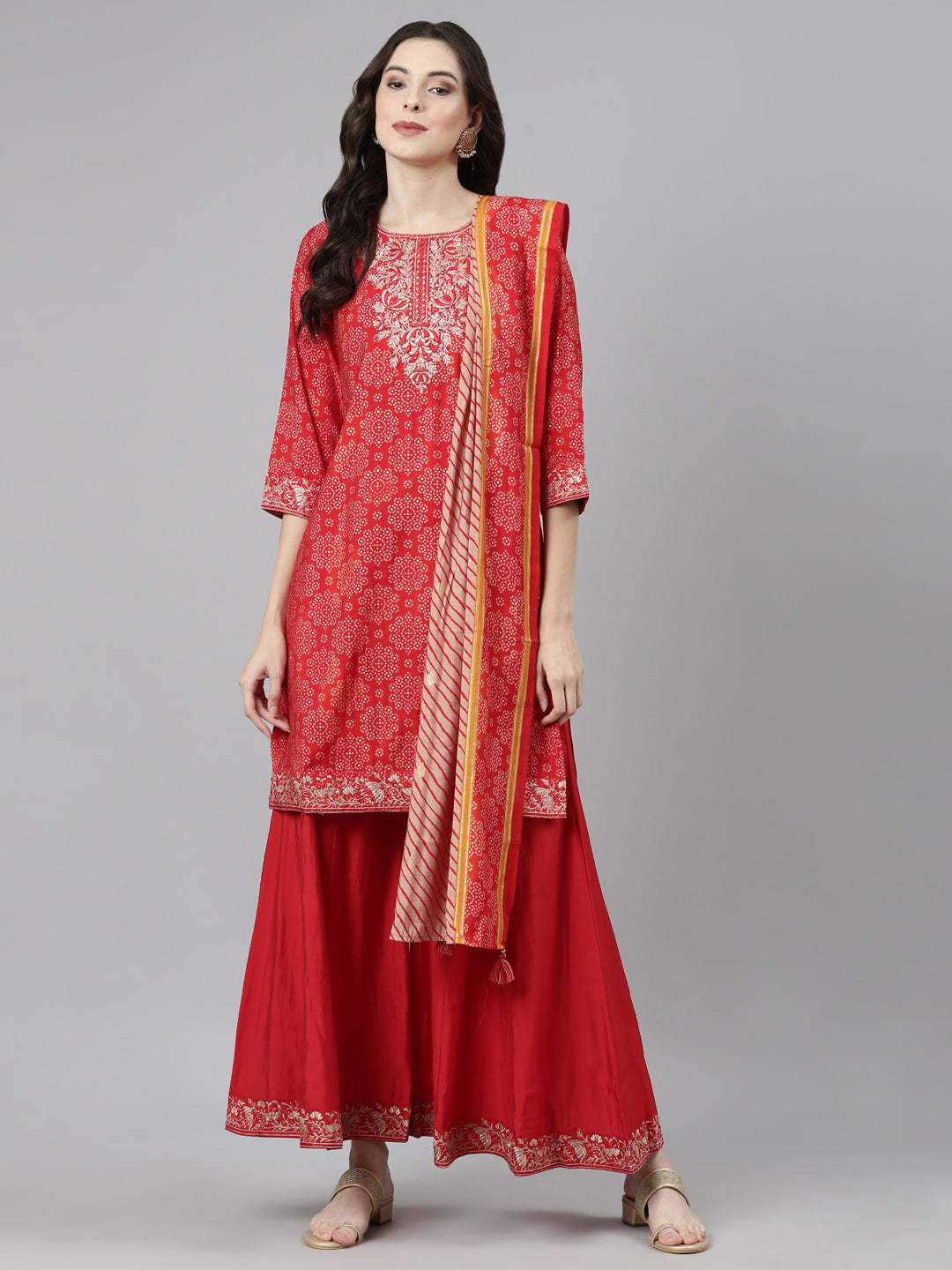 Neerus Red Casual Bandhani Straight Kurti and Palazzos With Dupatta