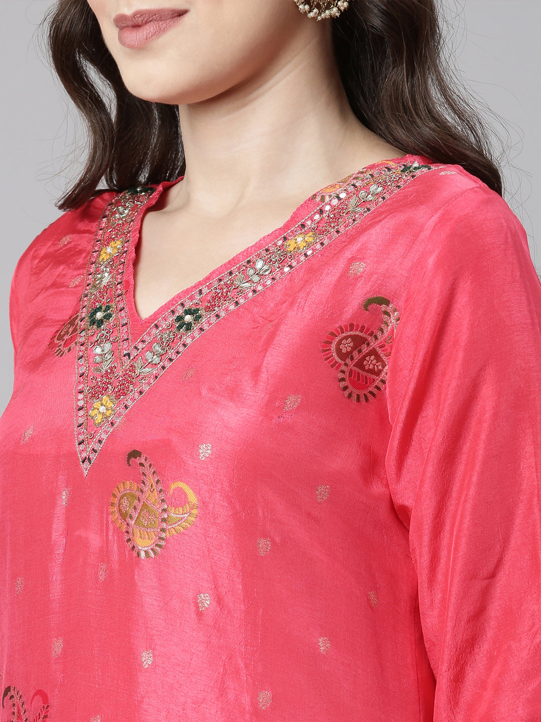 Neerus Red Casual Paisley Straight Kurta and Trousers With Dupatta