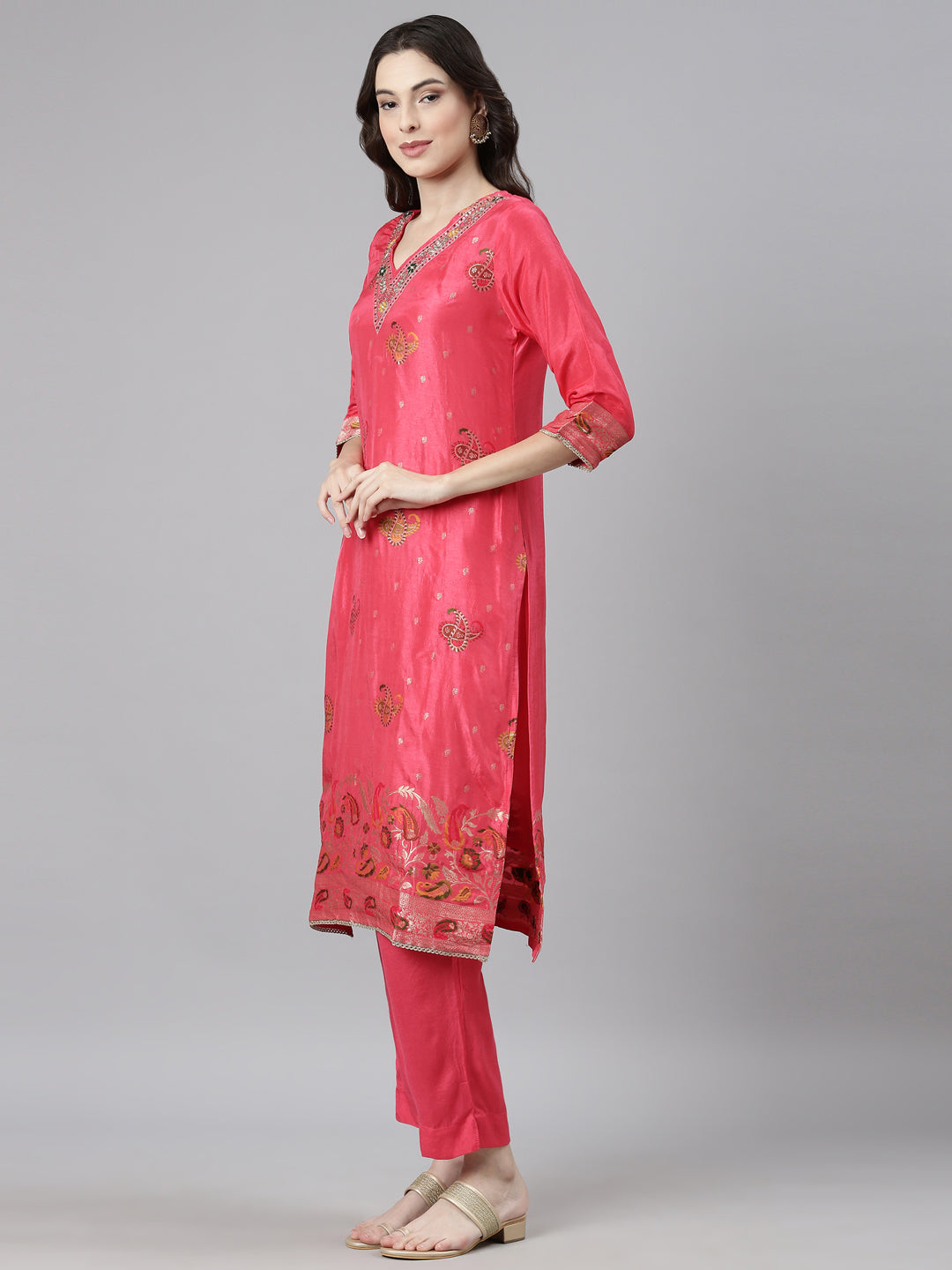 Neerus Red Casual Paisley Straight Kurta and Trousers With Dupatta