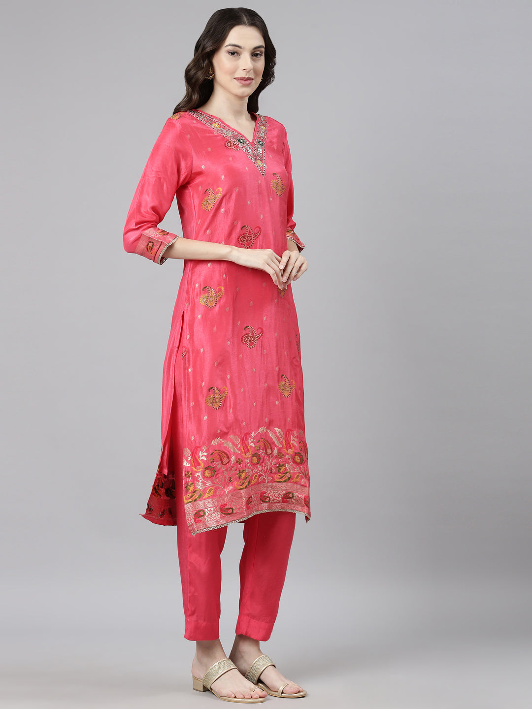 Neerus Red Casual Paisley Straight Kurta and Trousers With Dupatta