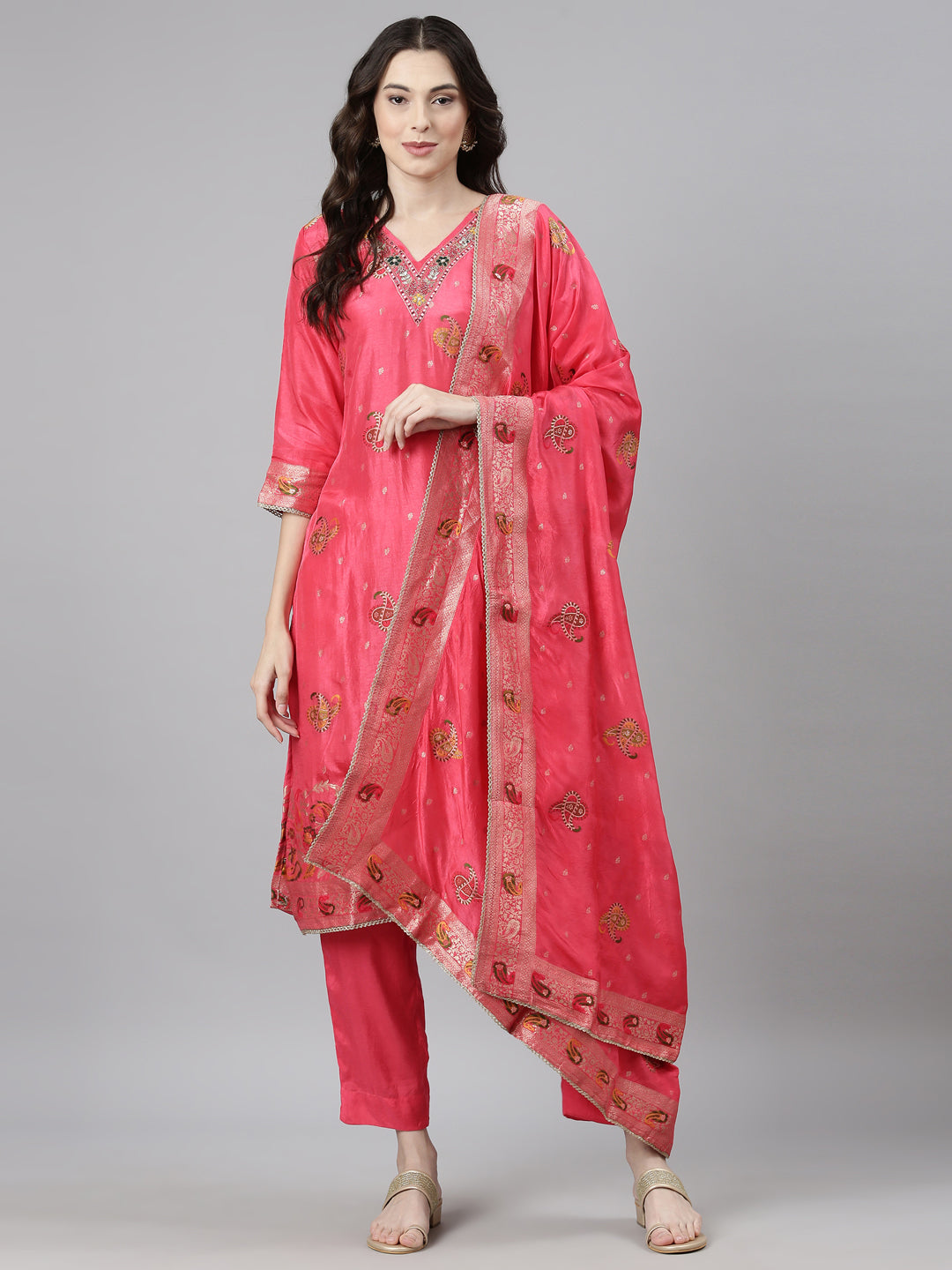 Neerus Red Casual Paisley Straight Kurta and Trousers With Dupatta