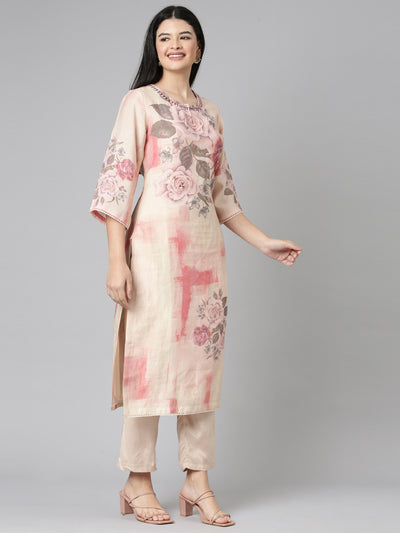 Neerus Pink Casual Floral Straight Kurta and Trousers With Dupatta