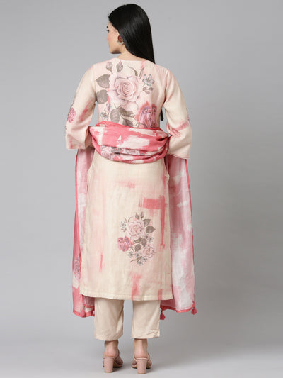 Neerus Pink Casual Floral Straight Kurta and Trousers With Dupatta