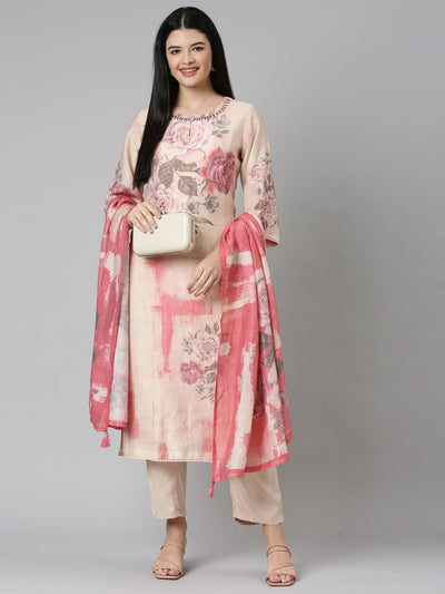 Neerus Pink Casual Floral Straight Kurta and Trousers With Dupatta