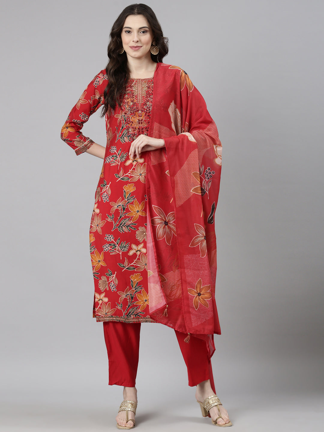 Neerus Red Casual Floral Straight Kurta and Trousers With Dupatta