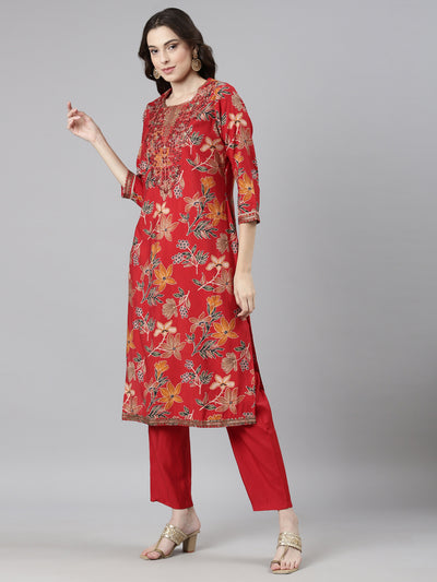 Neerus Red Casual Floral Straight Kurta and Trousers With Dupatta