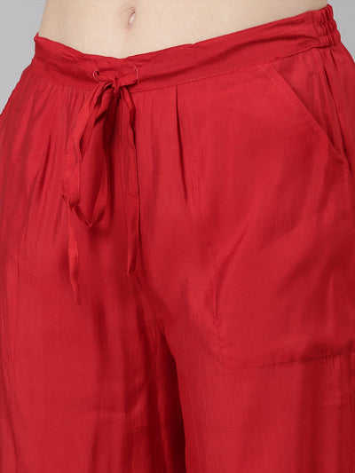 Neerus Red Casual Floral Straight Kurta and Trousers With Dupatta