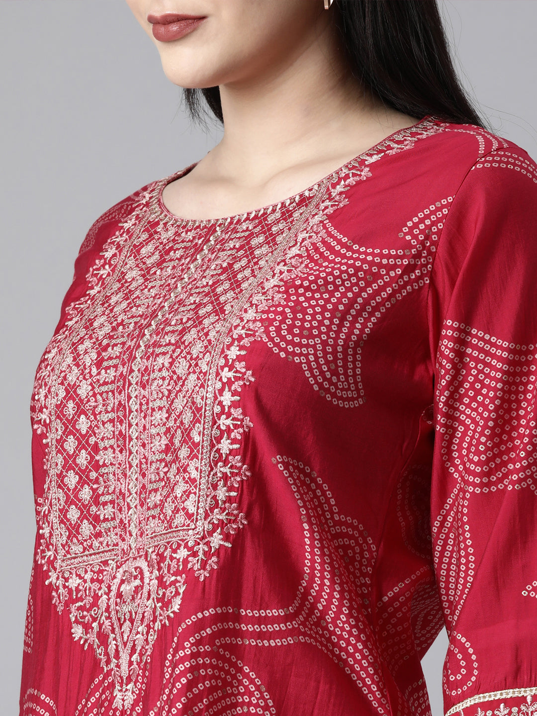 Neerus Pink Casual Bandhani Straight Kurta and Trousers With Dupatta