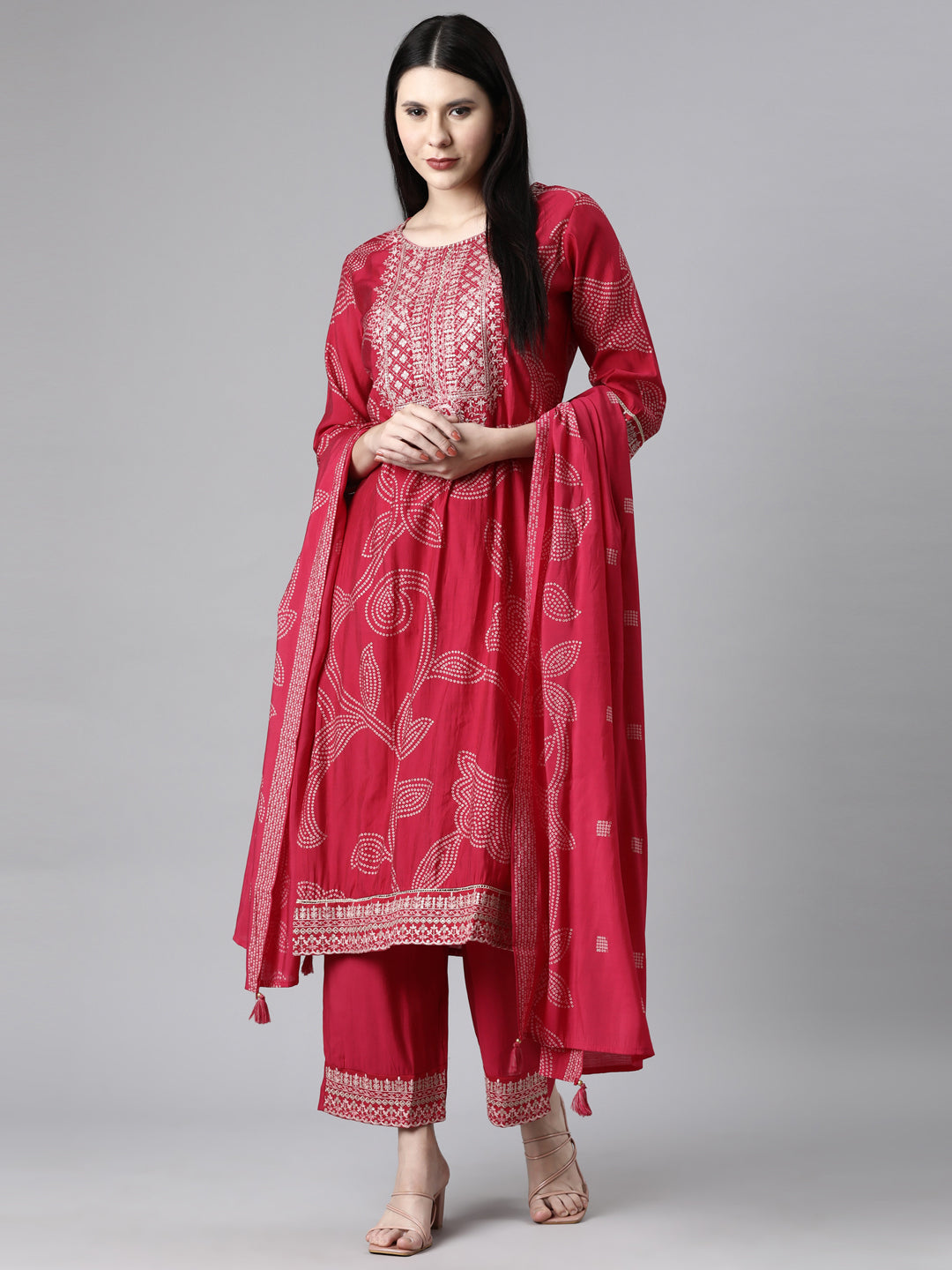 Neerus Pink Casual Bandhani Straight Kurta and Trousers With Dupatta