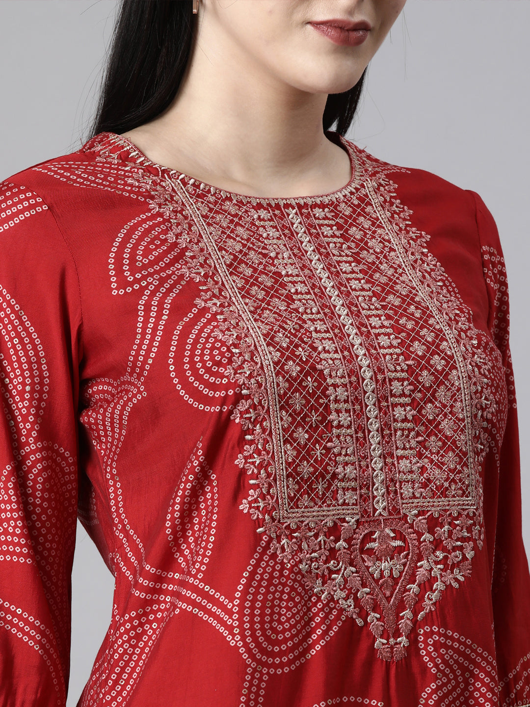 Neerus Red Casual Bandhani Straight Kurta and Trousers With Dupatta