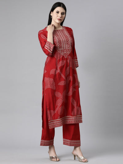 Neerus Red Casual Bandhani Straight Kurta and Trousers With Dupatta