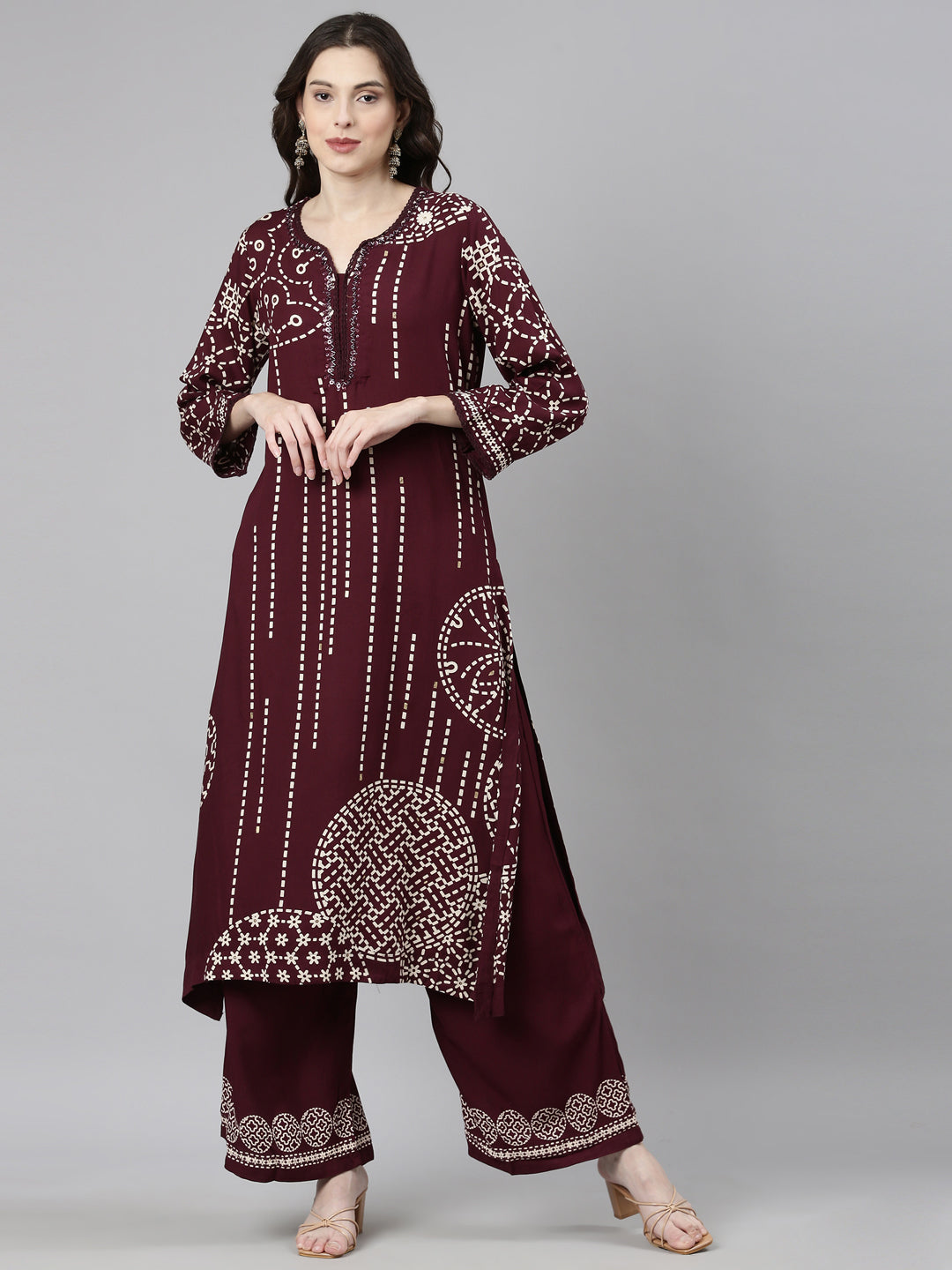 Neerus Maroon Casual Tribal Straight Kurta and Palazzos