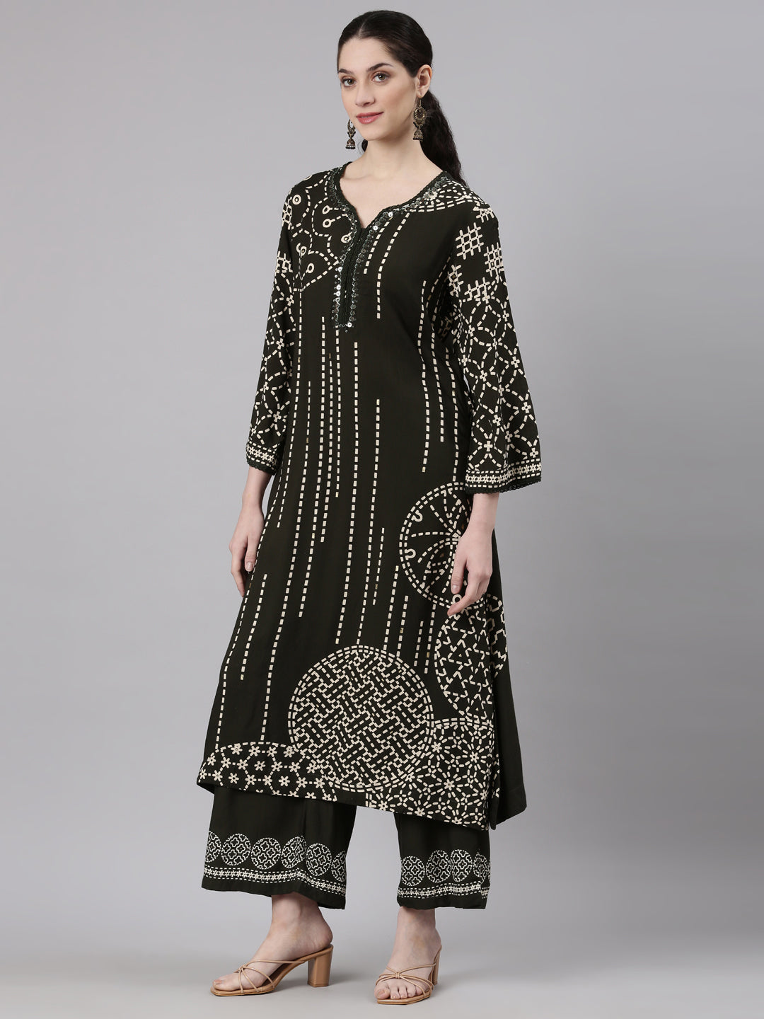 Neerus Olive Straight Casual Kurta and Plazzo