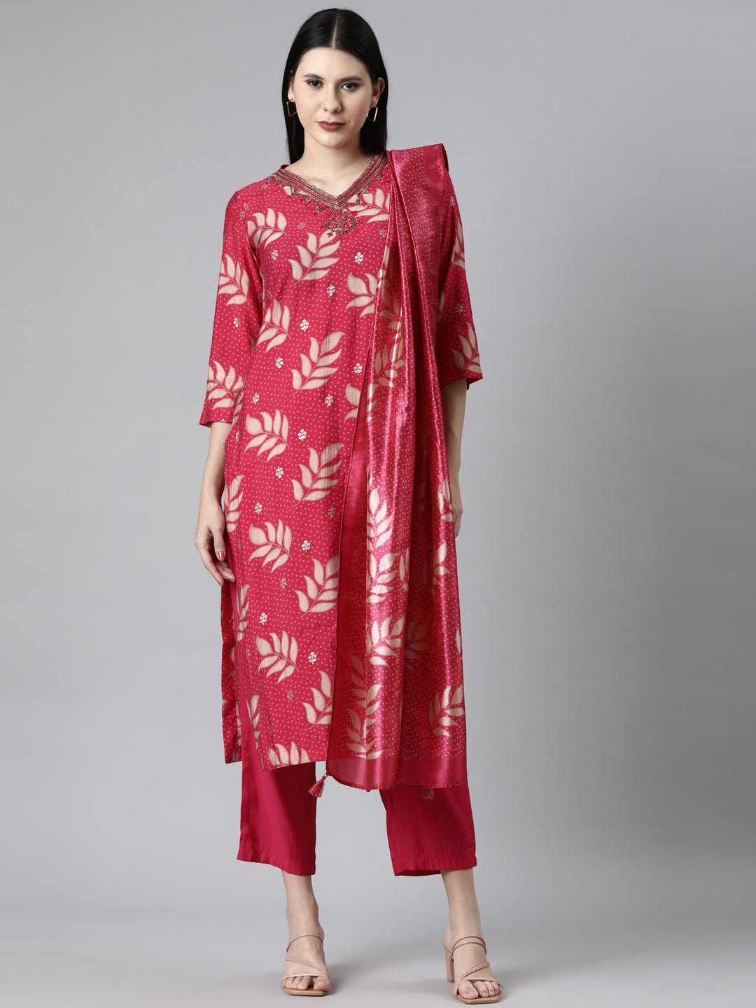 Neerus Pink Casual Ethnic Motifs Straight Kurta and Trousers With Dupatta