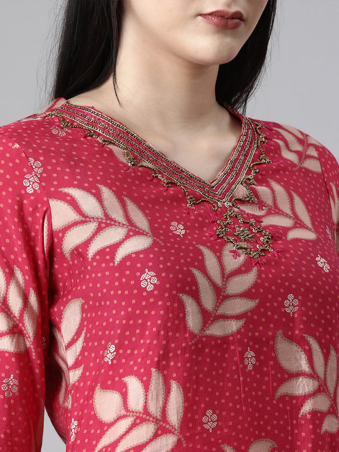 Neerus Pink Casual Ethnic Motifs Straight Kurta and Trousers With Dupatta