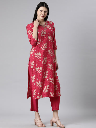 Neerus Pink Casual Ethnic Motifs Straight Kurta and Trousers With Dupatta