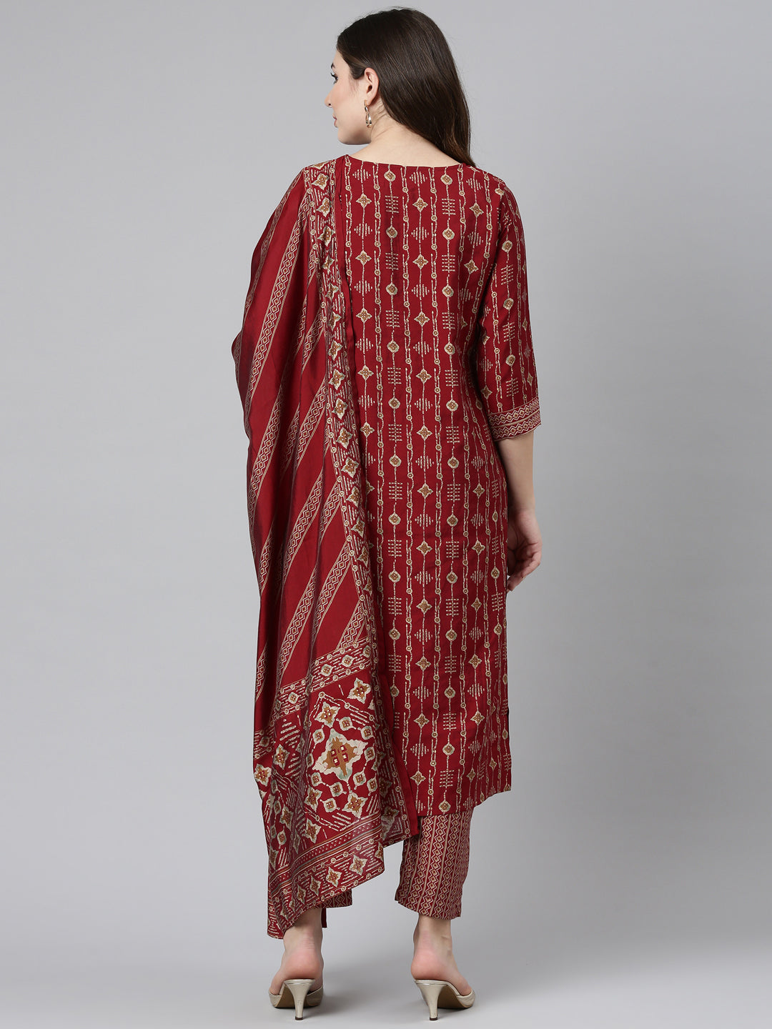 Neeru's Maroon Regular Straight Printed Readymade suits