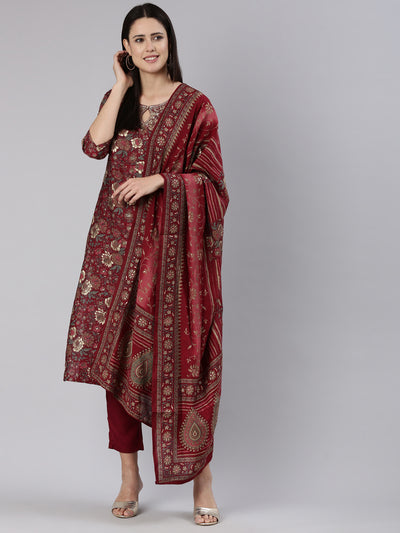 Neeru's Maroon Regular Straight Printed Readymade suits