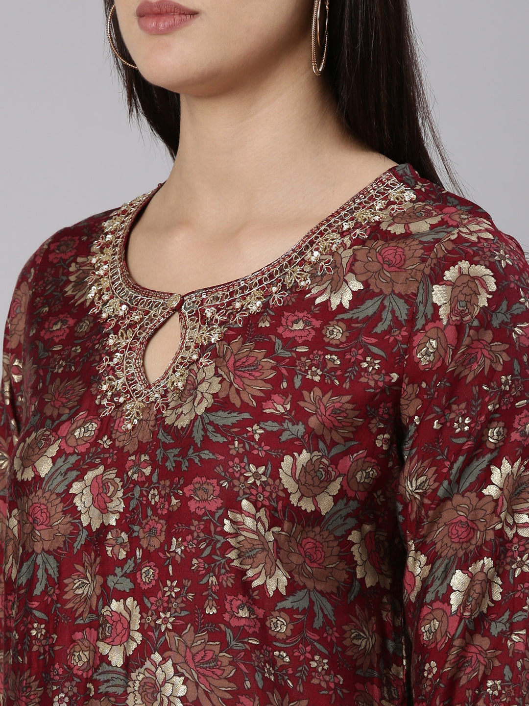 Neeru's Maroon Regular Straight Printed Readymade suits